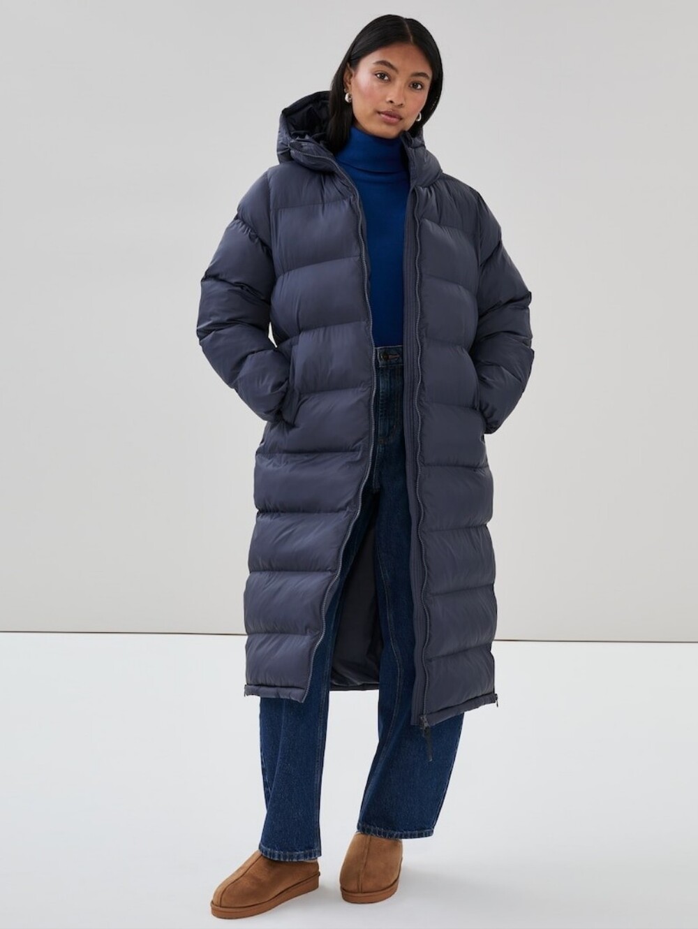 Joe Fresh Hooded Long Puffer Jacket in Navy
